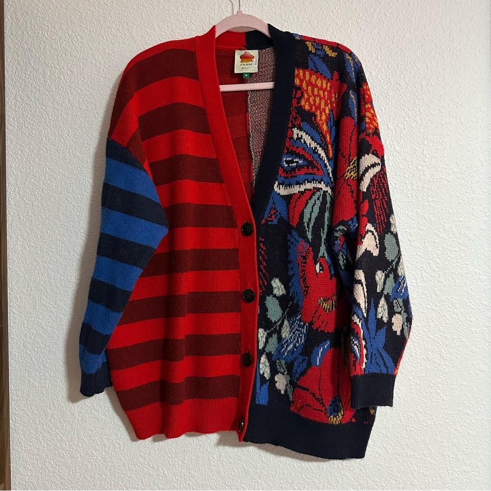 FARM Rio Vintage Forest Striped Floral Patchwork Oversized Knit Cardigan Medium - Picture 3 of 8